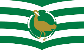 Wiltshire flag with a gold coloured great bustard in the middle